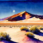 Twilight desert landscape with sand dunes, vegetation, mountains, starry sky.