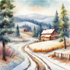 Snowy Landscape Watercolor Painting with Winding Path to Cozy House