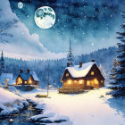 Snowy Winter Night: Illuminated Cottages, Full Moon, Snowfall