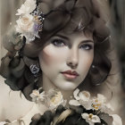 Digital painting of a woman with flower-adorned hair in soft, dreamy tones