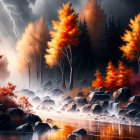 Colorful autumnal scene with lightning storm and misty river