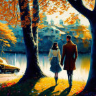 Couple in vibrant autumn landscape with classic car and harbor view