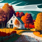 Colorful Autumn Landscape with White House, Mountains, and Stream