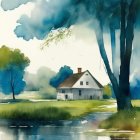 Serene landscape watercolor painting with house by lake