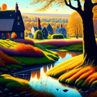 Thatched-Roof Cottages and Autumnal River Scene