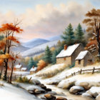 Winter village scene with snow, cottages, stream, and golden trees.