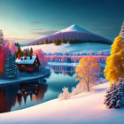 Snow-covered houses and colorful trees in serene winter twilight landscape.