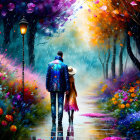 Couple Walking Under Blossoming Trees in Rainy Setting