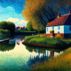 Serene blue cottage painting with lake reflections