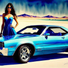 Curly-haired woman in swimsuit by blue classic car in desert