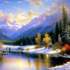 Serene mountain landscape with river, autumn trees, and snow