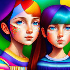 Illustrated Girls with Vibrant Hair and Painted Faces on Rainbow Background