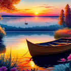 Tranquil Sunset Lake Scene with Canoe, Colorful Trees, and Mountains