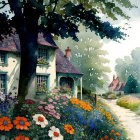 Vibrant flowers and cottages in a picturesque village scene