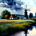 Traditional windmill and cottage beside river at dusk with fireflies