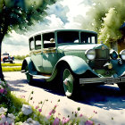 Classic car parked on countryside road with greenery and flowers under blue sky