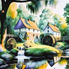 Colorful painting: Quaint house, lush trees, garden pond