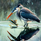 Great Blue Heron with Fish in Beak Standing in Water