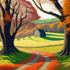 Colorful Autumn Landscape with Dirt Path and White Houses