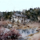 Serene autumn landscape with white buildings, pond, trees, and hills