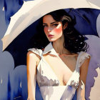 Dark-haired woman with white umbrella in modern art style