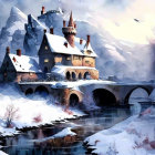 Snowy castle with turrets and stone bridge in watercolor style