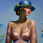 Vintage-style illustration of an elegant woman in floral dress and wide-brimmed hat.