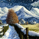 Snow-covered houses and mountains under starry sky in winter scene.