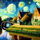 Scenic village painting with starry skies, moon, bridge, river, houses, boat