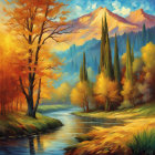 Autumn Landscape Painting with River, Trees, and Mountain