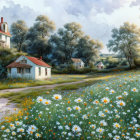 Colorful painting of cottage surrounded by blossoms and whimsical hills.