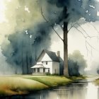 Scenic watercolor: Cottage by river with flowers, trees, birds, dynamic sky