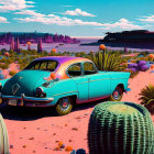 Colorful surreal landscape with teal car, whimsical trees, and stylized sky.