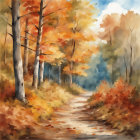 Autumn forest watercolor painting with winding path and vibrant leaves