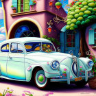 Colorful illustration: Classic white car parked in front of whimsical, vibrant house.