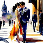 Elegantly dressed couple kissing in city street scene