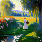 Woman in Long Dress and Hat Strolling Garden Path