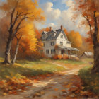 White House with Covered Porch Surrounded by Autumn Foliage