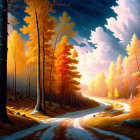 Scenic autumn forest with golden foliage and sunlight filtering through tall trees