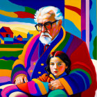 Colorful painting: Elderly couple & child in striped attire on vibrant abstract background