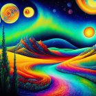 Colorful psychedelic landscape with starry sky and celestial bodies