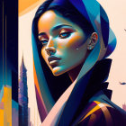 Vibrant digital artwork of stylized woman with exaggerated features