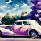 Vintage Car Watercolor Painting: White & Purple Palette with Forest Backdrop