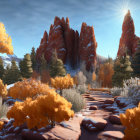 Tranquil autumn scenery with golden foliage, rocky path, and long shadows