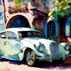 Classic car parked by colorful, artistic building with swirling patterns