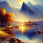 Tranquil sunset scene: lake, mountains, autumn trees, glowing sky