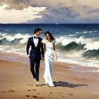 Stylized illustration of couple in formal attire on beach