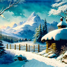 Snowy mountain landscape painting with cozy cottage and starlit sky