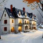 Snow-covered house with warm lights, trees, and two figures walking in tranquil winter scene