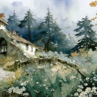 Tranquil watercolor scene of white cottage by gentle stream